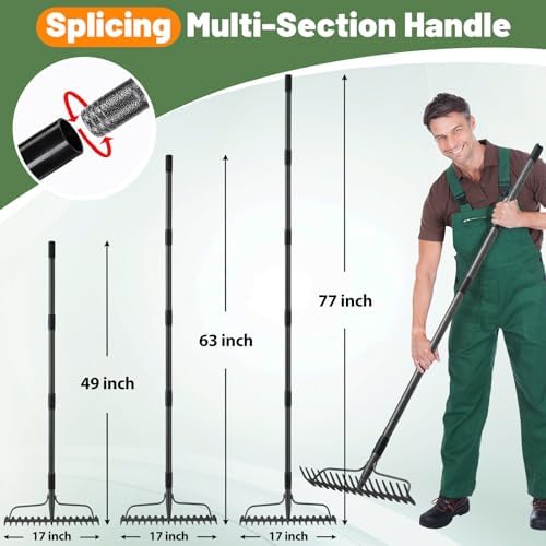 Garden Leaf Rake with 77 Inch Handle, Heavy Duty 17 Inch Wide Metal Garden Lawn Rake for Loosening Soil Raking Leaf Leveling Rocks Spreading Mulch Gravel, Rustproof Metal Bow Rakes Garden Tools - Image 3