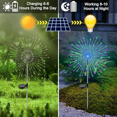 Solar Garden Lights Outdoor, 6 Pack 120 LED Twinkling Firework Lights Decorative with 2 Modes, Outdoor Waterproof Solar Starburst Light for Outside Yard Pathway Garden Decor, Green + Purple - Image 2