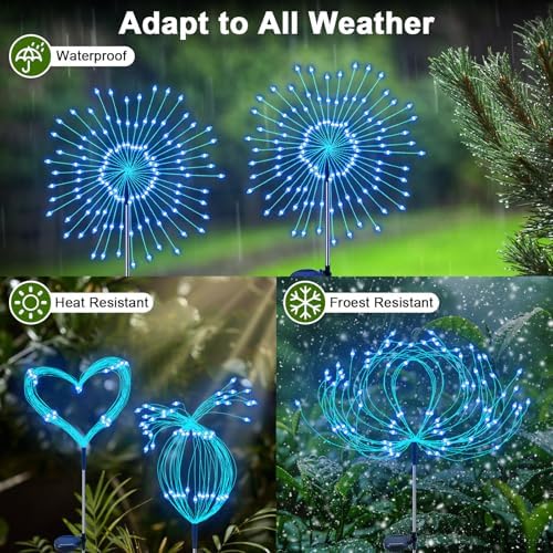 Solar Garden Lights Outdoor, 2 Pack 120 LED Twinkling Firework Lights Decorative with 2 Modes, Outdoor Waterproof Solar Starburst Light for Outside Yard Pathway Garden Decor, Blue - Image 3