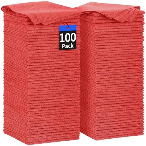 Shop Towels Rags, 100 Pack Microfiber Cleaning Cloth Bulk Absorbent Detailing Rags, Lint-Free Microfiber Towels for Cars, Mechanic, Shop, Garage & Housekeeping 11.5"*11.5" Red by HOMERHYME