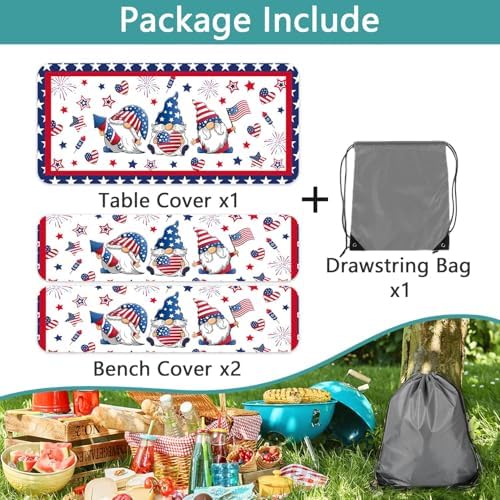 4th of July Picnic Table Cover with Bench Covers, Camping Essentials, Patriotic American Flag Gnomes Stars Table Cover Waterproof Fitted Tablecloth Cover with Elastic Edge for Outdoor 3 PCS 30x60 Inch - Image 6