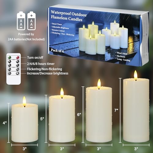 Yeelida Outdoor 4pcs Flameless Waterproof Candles with Handy Remote Control, Cycle Timer Battery Operated Candle Grease Effect LED Flickering Pillar Plastic Long Lasting (Ivory, 3" x4" 5" 6" 7") - Image 3