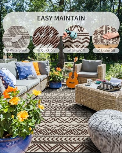 MontVoo Outdoor Rug Carpet Waterproof 5x8 Outdoor Patio Rug Mat Reverisble Plastic Straw Outdoor Rug for RV Camping Picnic Beach Balcony Boho Beige Brown - Image 2