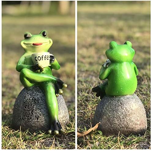 Coffee Frog Statue for Garden Decor, Resin Green Frogs Figurine Outdoor 6" - Image 3