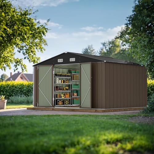 JUMMICO 10 x 8 FT Outdoor Storage Shed, Large Metal Garden Shed & Tool Sheds for Backyard Garden Patio Lawn (Brown) - Image 2