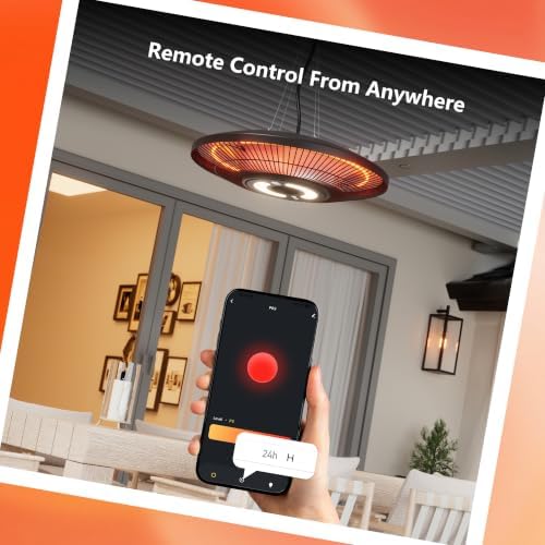 Hanging Heater,Electric Patio Heater with Light,Wifi Control, 1500W Infrared 2 Heat Levels, 24H Timers, Ceiling Mounted, 1s Heating Carbon Fiber Tube Heater for Backyard, Garage - Image 3