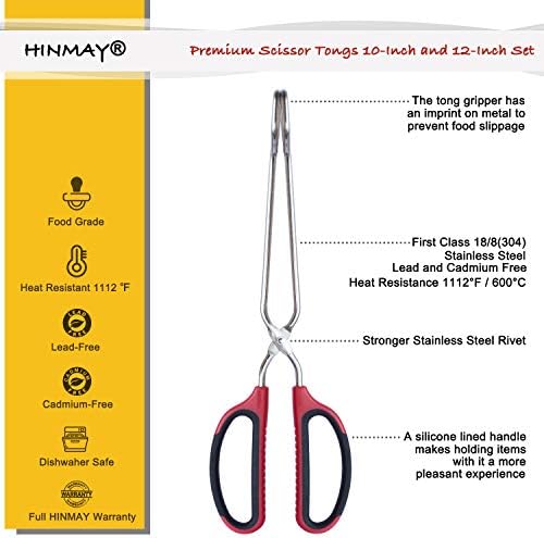 HINMAY Stainless Steel Scissor Tongs 10-Inch and 12-Inch Set, Set of 2 - Image 2