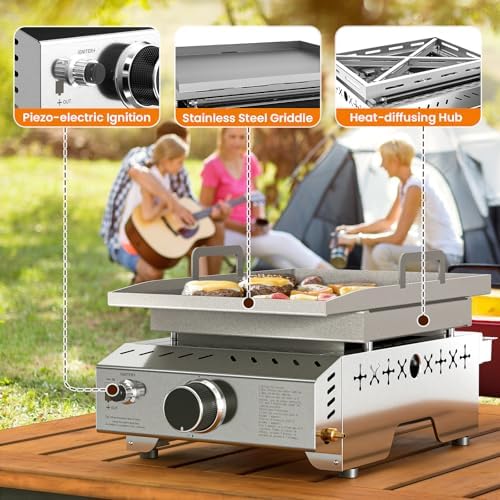 WAA Portable Propane Griddle, 8000BTU Tabletop Portable Propane Gas Grill with One Burner, Stainless Steel Flat Top Grill, Outdoor Cooking for Tailgating,Camping, RVs, BBQ, Patio, Silver - Image 3