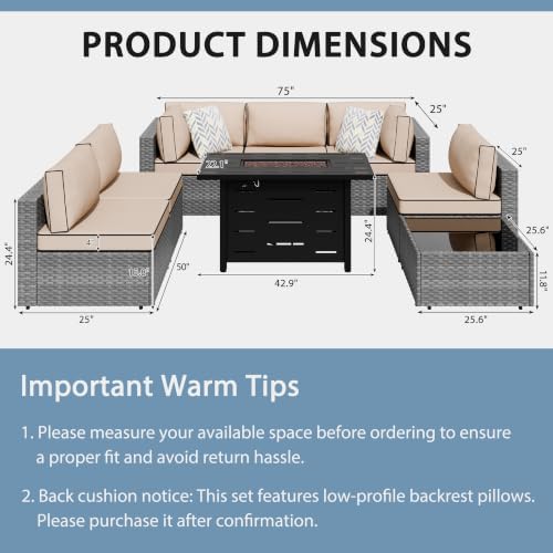 Shintenchi 8 Piece Outdoor Patio Furniture Set with 43 Inch Propane Fire Pit, Washable Cushions, Glass Coffee Table, Waterproof Cover & CSA Certified for Backyard Poolside, Silver PE Rattan/Khaki - Image 2