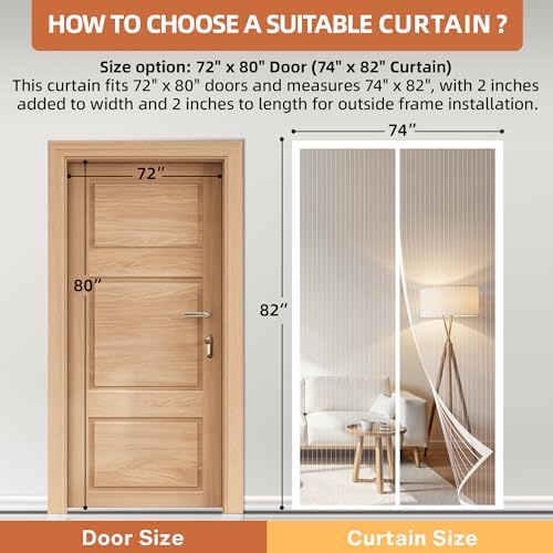 METAONLY Magnetic Screen Door Mesh, Works for Patio, Sliding Door, Keeps Bug Mosquito Out, Fresh Air Flow, Fits 72" x 80" Door - Curtain Size 74" x 82", White - Image 2