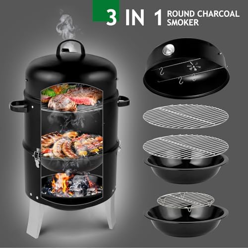 VINGLI 3-in-1 Vertical Charcoal Grill, 18.5'' Round Charcoal Smoker with Built-in Thermometer, Air Vent and 2 Access Doors, Perfect for Outdoor Cooking, Camping, Picnics, BBQs, and Tailgating Parties - Image 3
