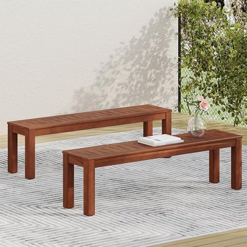 69'' Outdoor Patio Dining Table & 2 Bench for 4, Acacia Wood Farmhouse Dining Table Set Outdoor & Indoor Furniture for Patio Porch Garden, 3-Pcs, Dark Brown - Image 6
