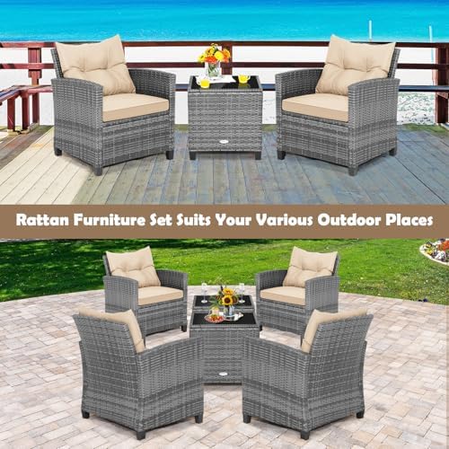 Tangkula 3 Pieces Wicker Patio Furniture Set, Outdoor Rattan Conversation Cushioned Chair Set with Tempered Glass Side Table, for Porch, Balcony and Garden - Image 6