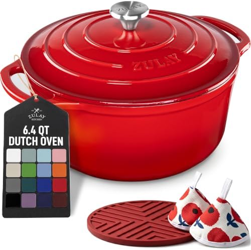 Zulay Kitchen 6.4QT Enameled Cast Iron Dutch Oven Pot with Lid, Heat Pad & Trivet, Heavy-Duty Soup Pot for Stews, Braising, Roasting & Sourdough Bread Baking, Oven Safe up to 500°F - Ablaze Red by ZulayKitchen