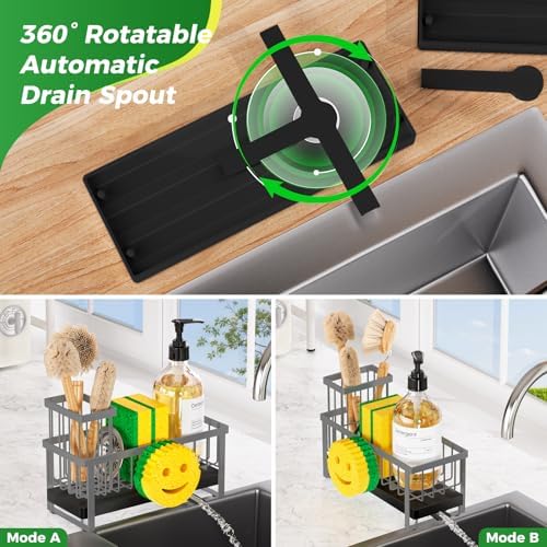 Sponge Holder for Kitchen Sink,Sink Caddy with Removable Dish Brush Holder,Self-Draining Kitchen Countertop Organizers and Storage Essentials,Soap Dispenser Organize and Home Decor-Gray - Image 4