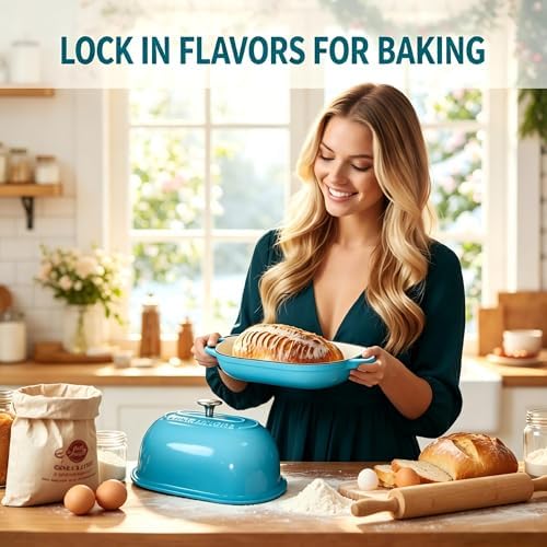 Cast Iron Bread Oven,6 QT Dutch Oven,Thick Enameled Loaf Pan with Lid,Bread Pans for Homemade Bread,14.5"Dutch Oven for Bread Baking,Dutch Ovens-with Silicone Baking Mat&Recipe,Gifts for Family,Teal - Image 5