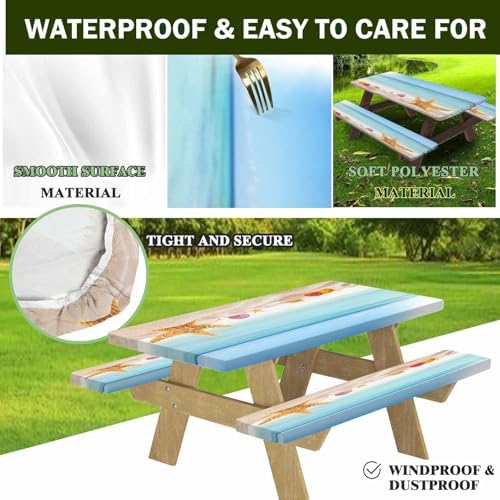 CAPSCEOLL Fitted Picnic Table Cover with Bench Covers 5ft - Sea Beach - Image 4