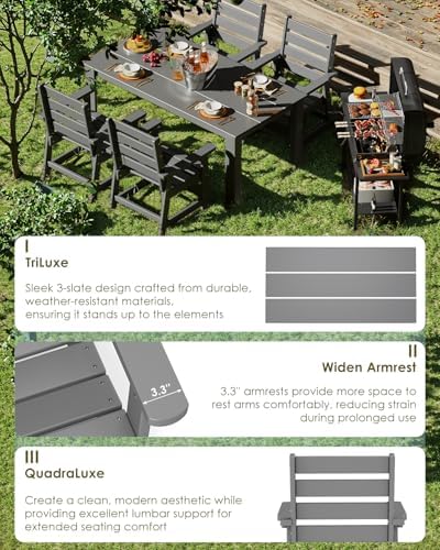 GREENVINES 7-piece Outdoor Dining Set, HDPE Table & 6 Chairs, Gray - Image 6