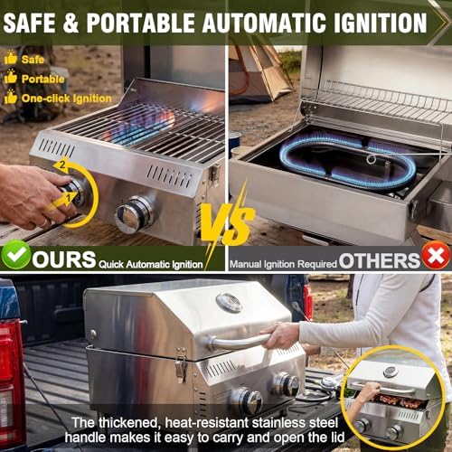 Bestfire Tabletop 2-Burner Gas Grill, 20,000 BTU Stainless Steel Portable Propane Grill, Removable Legs, Push-Button Ignition, Thermometer, for Outdoor Patio, Camping, Tailgating & RV - Image 3