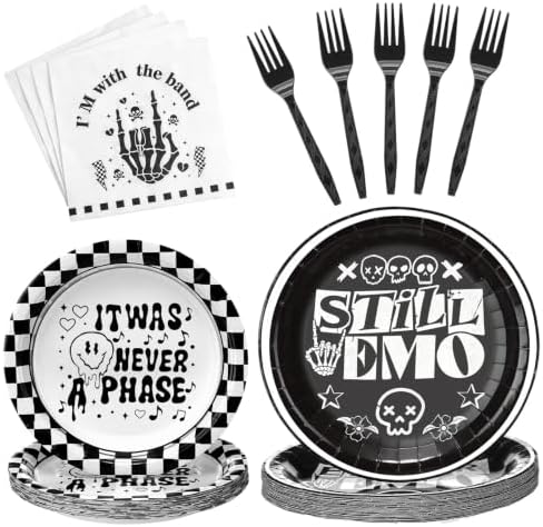 125 Pcs Emo Goth Punk Party Tableware for 25 Guests Scene Goth Rock Birthday Decorations | Punk Skull Thorn Disposable Plates Napkins Forks, Emo Gothic Supplies for Halloween Blink 182 Theme Party by Rokochoes