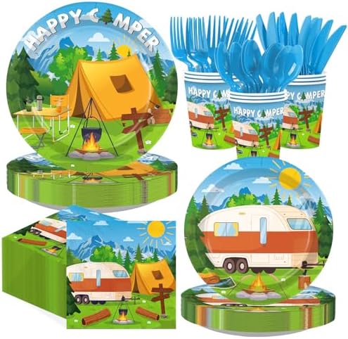 168 Pcs Happy Camper Party Decorations Camping Plate, Serves 24 by Greencian