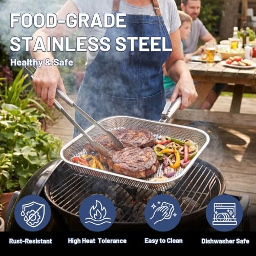 Stainless Steel Grill Pan with Removable Handle, 14.88" x 10.98" Meatl-perforated Holes Grill Pan for Outdoor Grilling, Square Deep Fryer Strainer Basket for Seafood, Vegetables & Meat, Grilling Pan for Charcoal and Gas Grills - Image 5