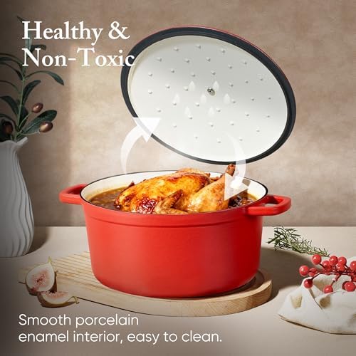 CAROTE Enameled Cast Iron Dutch Oven Pot with Lid, 4QT Red - Image 4