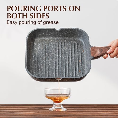 SENSARTE Nonstick Grill Pan with Lid, Grill Pan for Stove Tops, Versatile Griddle with Pour Spouts, Square Big Cooking Surface, Durable Skillet Indoor & Outdoor Grilling. PFOA Free, 9.5 Inch - Image 5