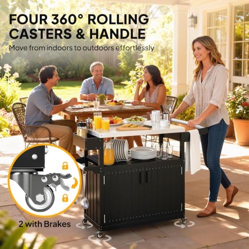 Outsunny Outdoor Bar Cart with Storage Cabinet Kitchen Island Black - Image 7