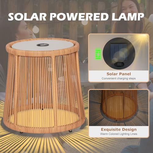 3 Piece Outdoor Wicker Furniture Bistro Set, Rattan Chairs Conversation Sets with Solar Light, Wicker Patio Furniture for Balcony Poolside Backyard, Beige - Image 4