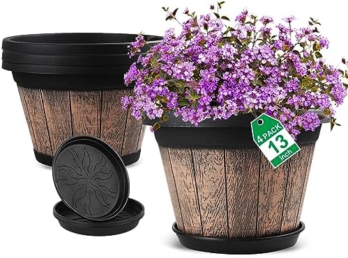 Quarut Large Plastic Plant Pots Set of 4 Pack13 inch,Whiskey Barrel Planters with Drainage Holes & Saucer.Flower Pots Imitation Wine Barrel Design for Indoor & Outdoor Garden Balcony Plants (Brown) by Quarut