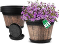 Quarut Large Plastic Plant Pots Set of 4 Pack13 inch,Whiskey Barrel Planters with Drainage Holes & Saucer.Flower Pots Imitation Wine Barrel Design for Indoor & Outdoor Garden Balcony Plants (Brown) by Quarut