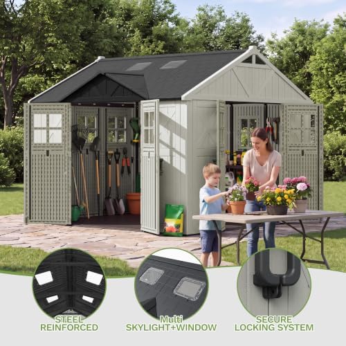 Patiowell 10x10 FT Resin Outdoor Storage Shed with Floor & 3 Lockable Doors - Image 6