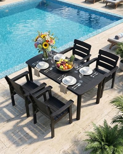 HIPS Patio Dining Table with Umbrella Hole Table, Black - Image 6