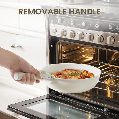 Simple Deluxe 12 Pcs Cookware Set, Non-Stick Pots and Pans Set, with Black Granite Texture and Detachable Handles, Resistant to High Temperatures, Oven Safe, PFAS and PFOA Free, Beige - Image 6