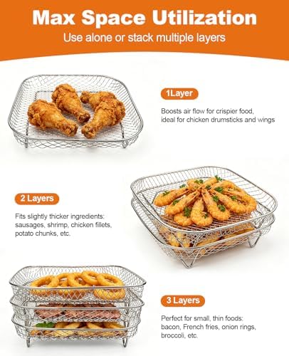Air Fryer Accessories 9-Pcs – 8.1" Square 3-Tier Stackable Dehydrator Racks for Cosori, Instant Vortex, and Ninja Foodi Grill – 304 Stainless Steel Grill Rack Compatible with 6-8QT Air Fryer, Oven - Image 3