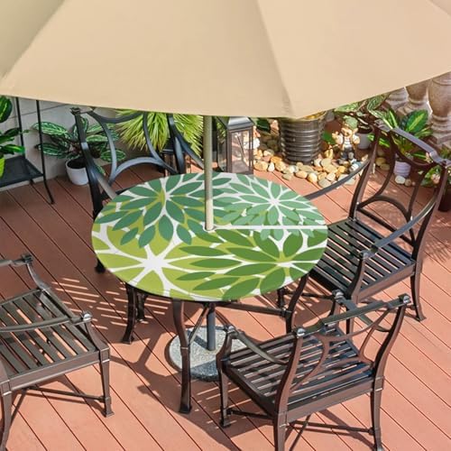 Round Tablecloth with Umbrella Hole and Zipper Elastic Fitted Table Cloth 45"-56" Oil-Proof Waterproof Patio Table Cover for Outdoor Picnic Party, Spring Summer Geometric Elegant Dark Light Green - Image 7