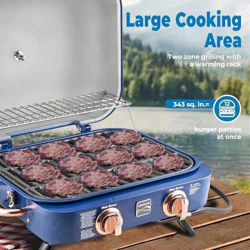 Kenmore Portable Propane Gas Grill - Tabletop BBQ Grill with Warming Rack, 2 Stainless Steel Burners with 14,000 BTUs, for Outdoor Kitchen, Camping, Navy & Copper - Image 5