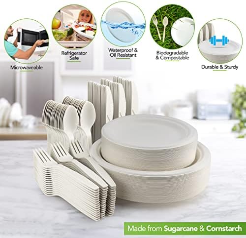 250 Piece Biodegradable Paper Plates Set (EXTRA LONG UTENSILS), Disposable Dinnerware Set, Eco Friendly Compostable Plates & Utensil include Plates, Forks, Knives and Spoons for Party - Image 3