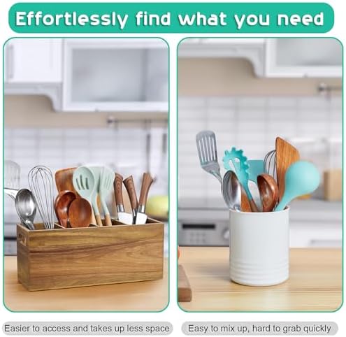 ALELION Acacia Wood Utensil Holder with Removable Divider - 4 Compartment Wooden Utensil Caddy Organizer for Kitchen Counter - Cooking Utensil Crock for Countertop - Image 6