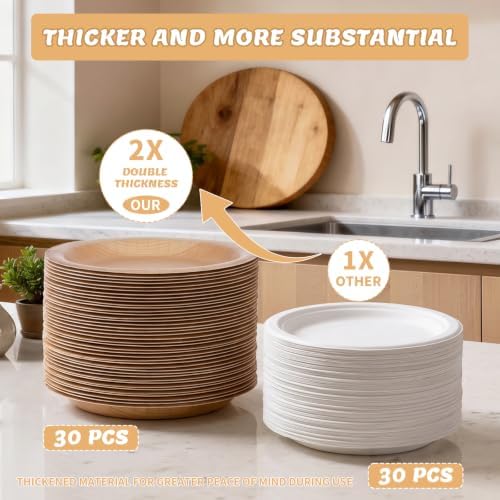 30 Pcs Wood Grain Paper Plates 10 Inch, Double Thick & Extra Sturdy Wood Paper Plates, Microwave Safe, Soak Proof Disposable Plates for Woodland Baby Shower, Camp Party, Birthday Party - Image 2