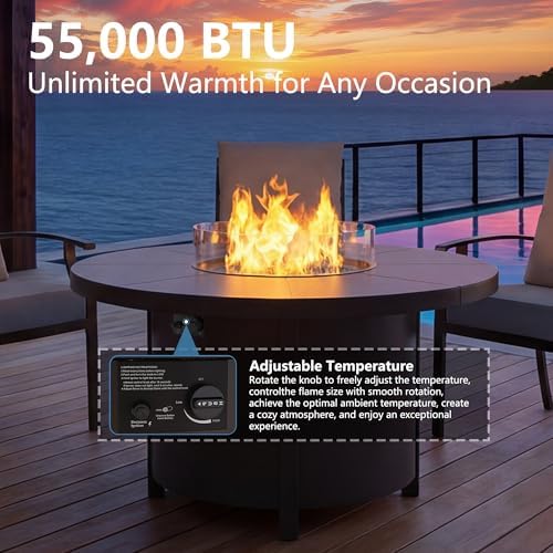 7 Pieces Outdoor Patio Furniture Set with 48" 55000 BTU Round Propane Fire Pit Table,Patio Dining Set Outdoor Conversation Sets 6 Chairs for Deck,Backyard and Garden,Dark Blue - Image 5