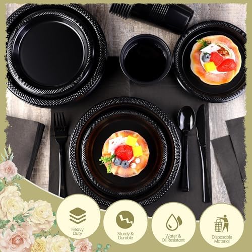 Kochorie 480 Pieces Black Plastic Dinnerware Set for 60 Guests Disposable Heavy Duty Plates Napkins Cups and Silverware Dessert Dinner Plates for Halloween Birthday Wedding Party Supplies - Image 3