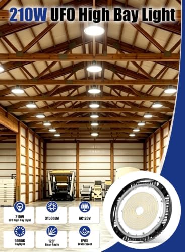 210W UFO LED High Bay Light, 31500LM Shop Lights, 5000K Daylight, ETL Listed with 6' Cable & Safety Rope, IP65 Waterproof Commercial Lighting for Warehouse, Workshop, 980W MH/HPS Equivalent, 1 Pack - Image 2