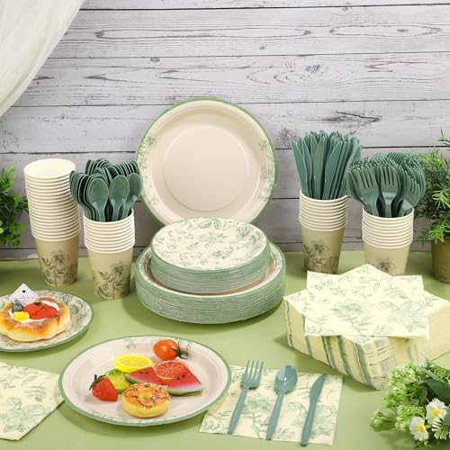 Kochorie 400 Pieces Sage Green Disposable Tableware Sets, Green and White Flower Party Supplies Set with Plates Cups Napkins Cutlery Serves 50 for Wedding Birthday Bridal Shower Party Decorations - Image 4