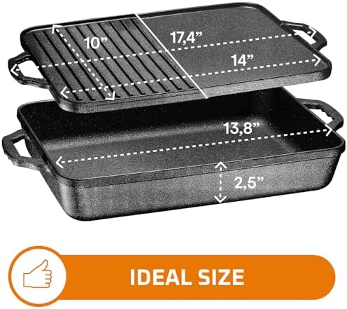 Bruntmor 3-In-1 Pre-Seasoned Cast Iron Pan with Reversible Grill Griddle Lid - 17.8"x11"x3.3" Non-Stick Multi Cooker Deep Roasting Grill Pan - Dutch Oven, Frying or Roasting Pan for Open Fire Camping - Image 4