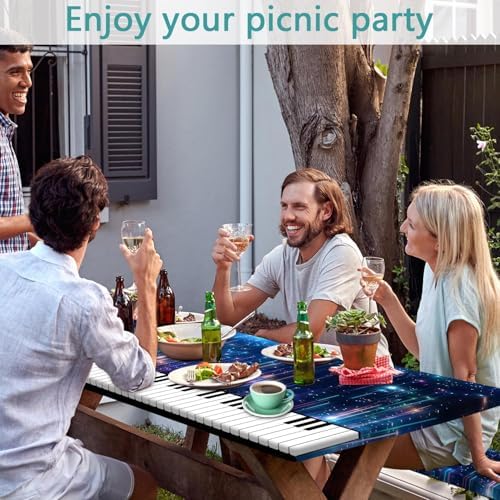 Piano Keyboard Picnic Table Cover with Bench Covers, Camping Essentials, Music Themed Waterproof Windproof, Fitted Tablecloth Cover with Elastic Edge, for Outdoor, Garden, 3 PCS, 30x60 Inch - Image 2