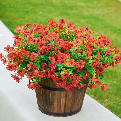 Daisy Artificial Flowers for Outdoors Decor, 12 Bundles Faux Daisy with Eucalyptus Fake Plants Greenery UV Resistant Look Real Colorful Faux Flowers for Outside Planter Porch Patio Yard Gardens, Red - Image 6