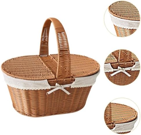 Imitation Rattan Picnic Basket Picnic Hamper Woven Storage Basket Fruit Basket for Bread Fishing Garden BBQ Outdoor Camping- Style a - Image 4