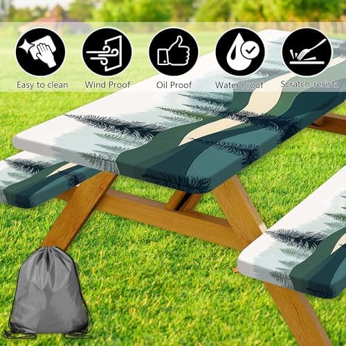 Picnic Table Cover with Bench Covers, Green Blue Camping Tablecloth Waterproof Windproof, Fitted Tablecloth Cover with Elastic Edge, for Indoor & Outdoor, Garden, Camping, 3 Pieces Set, 30x60 Inch - Image 7